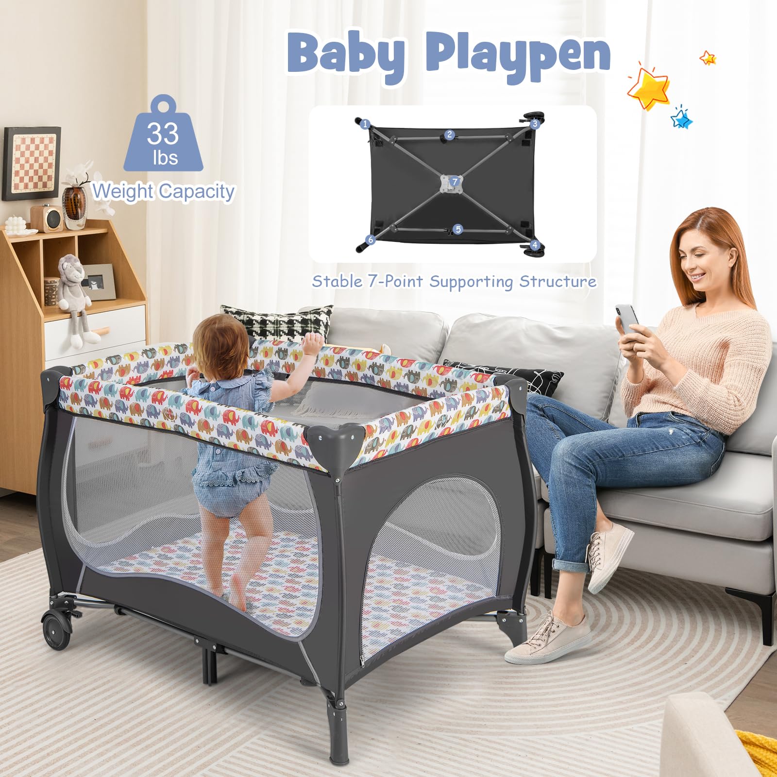 BABY JOY 4 in 1 Pack and Play, Portable Baby Playard with Bassinet