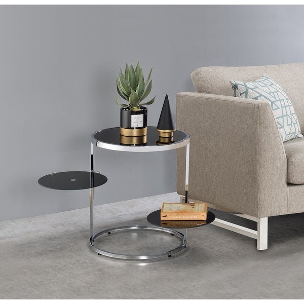 Round Side Table 2 Swiel Tier Shelf Open Frame Tempered Glass Side Table， Black and Chrome Finish