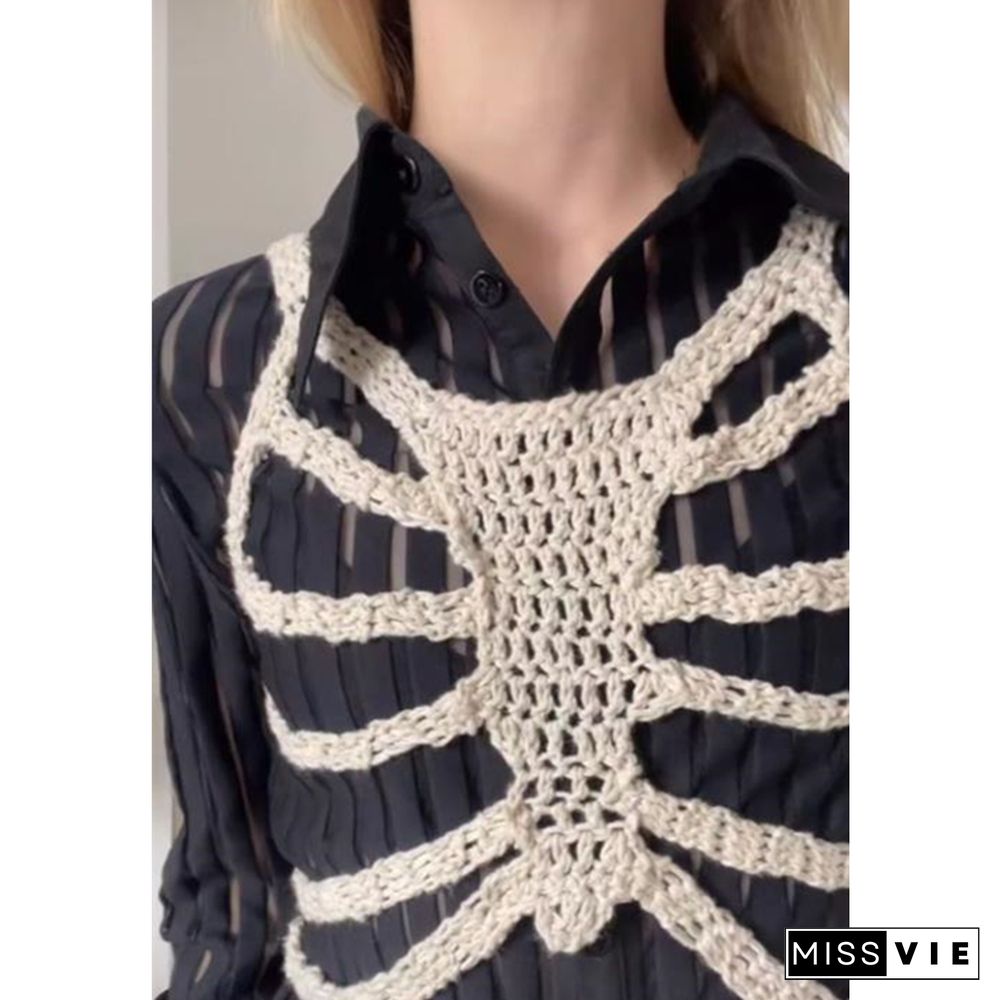 Skeleton Corset Crop Tops Y2K Gothic Clothes Crochet Hollow Out Tanks Women Summer Tee 2000S Aesthetic T Shirt Ropa Gotica Mujer