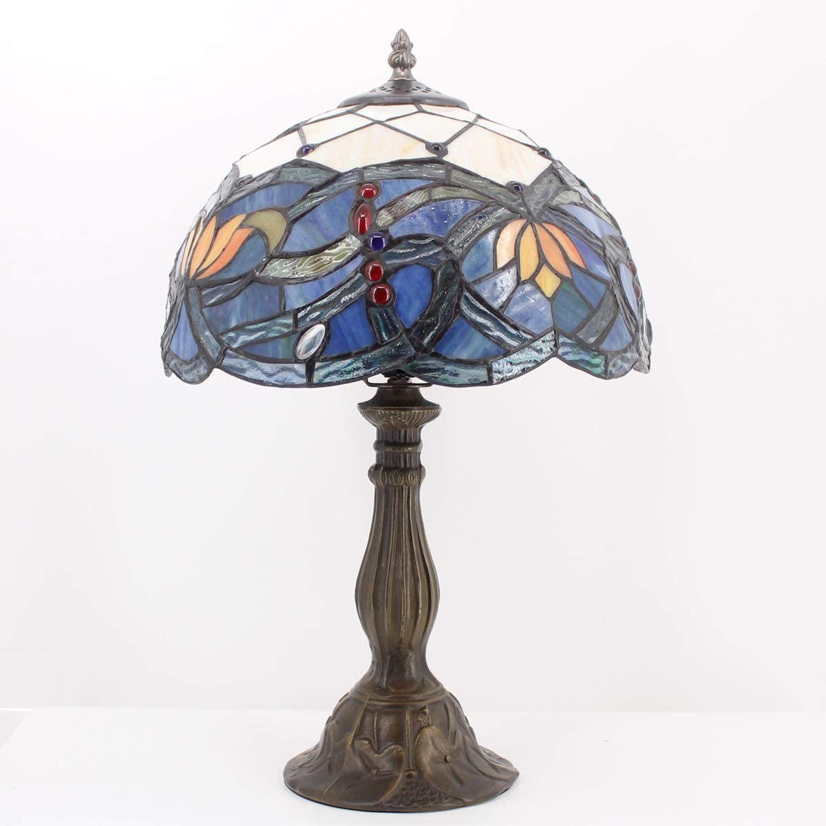 SHADY Tiffany Table Lamp Stained Glass Bedside Lamp Blue Lotus Desk Reading Light 12X12X18 Inches Decor Bedroom Living Room Home Office S220 Series