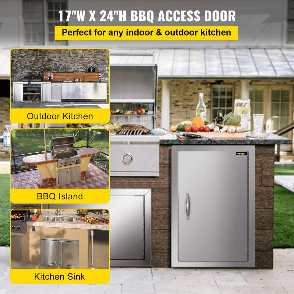 VEVOR BBQ Access Door 17 in. W x 24 in. H Vertical Single BBQ Door Stainless Steel with Hooks Outdoor Kitchen Doors 17-24BXGCGDKM0001V0