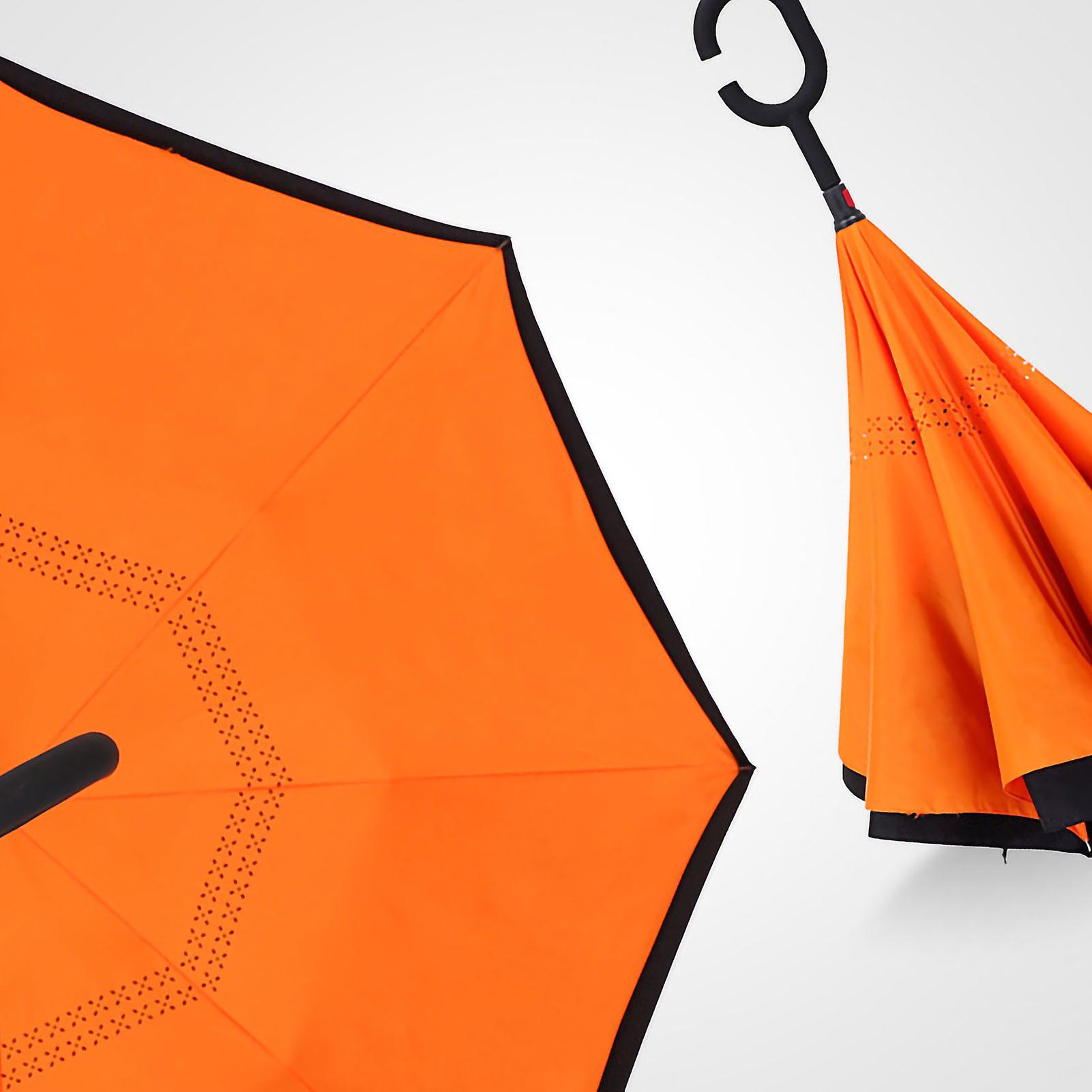 Double Reverse Umbrella Fiber Waterproof Light Weight Inverted Umbrella with C Shaped Handle Orange