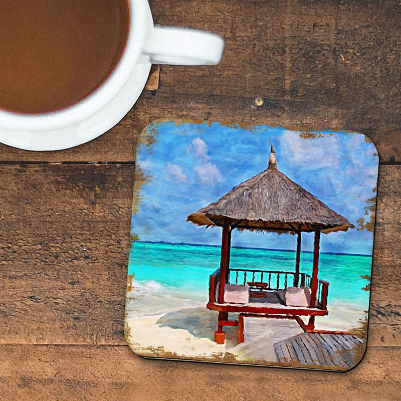 Beach Cabana Coastal Wooden Cork Coasters Gift Set of 4 by Nature Wonders