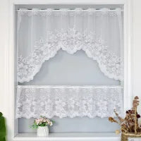 ZHH Sheer Voile Kitchen Valance Floral Embroidery Lace Swag Curtains Set Rod Pocket Home Decor  2PCS White