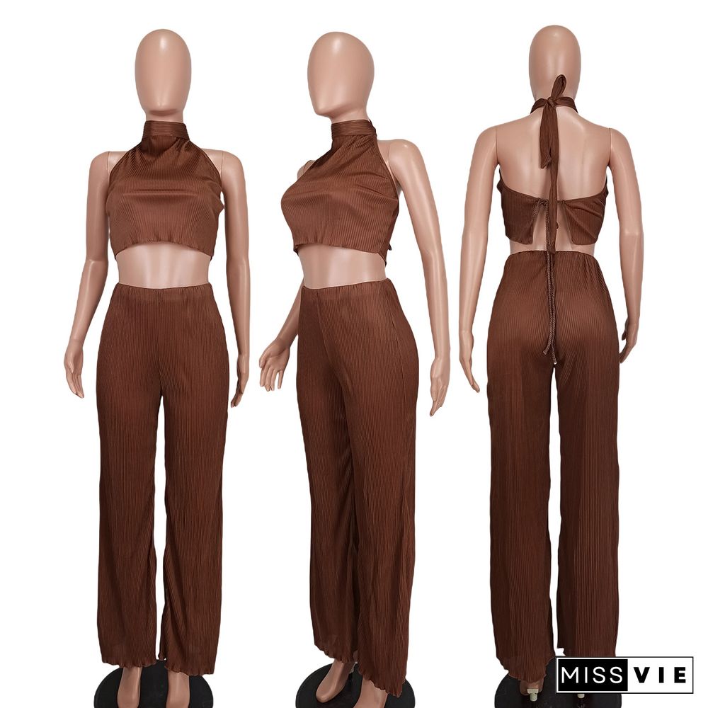 Halter Backless Crop Tops Wide Leg Pants Set