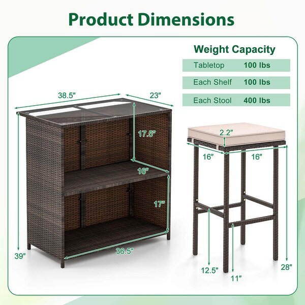 Costway 3 PCS Patio Bar Set with Tempered Glass Tabletop 2Tier