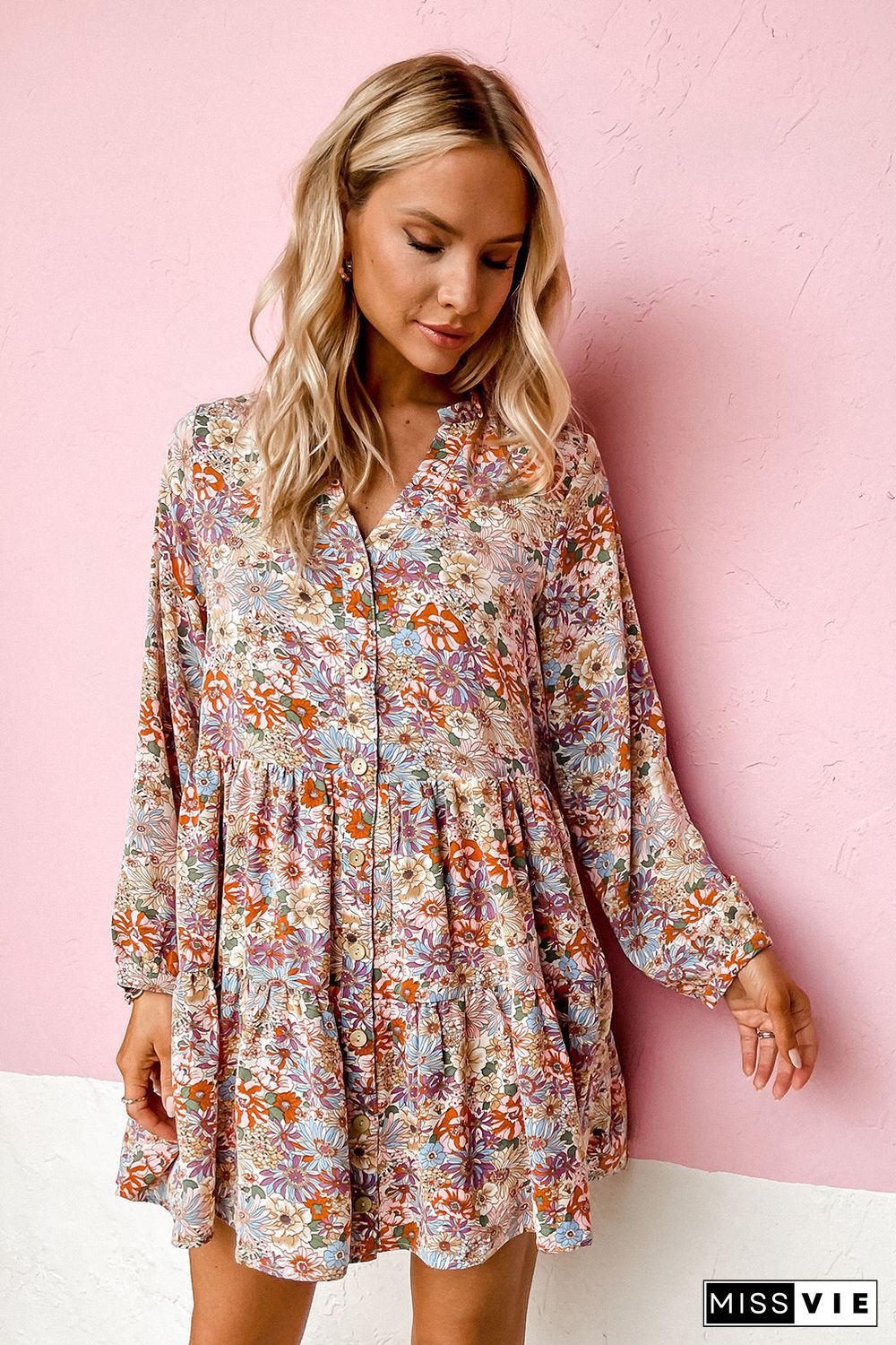 Multicolor Split Neck Buttons Front Shirt Floral Dress