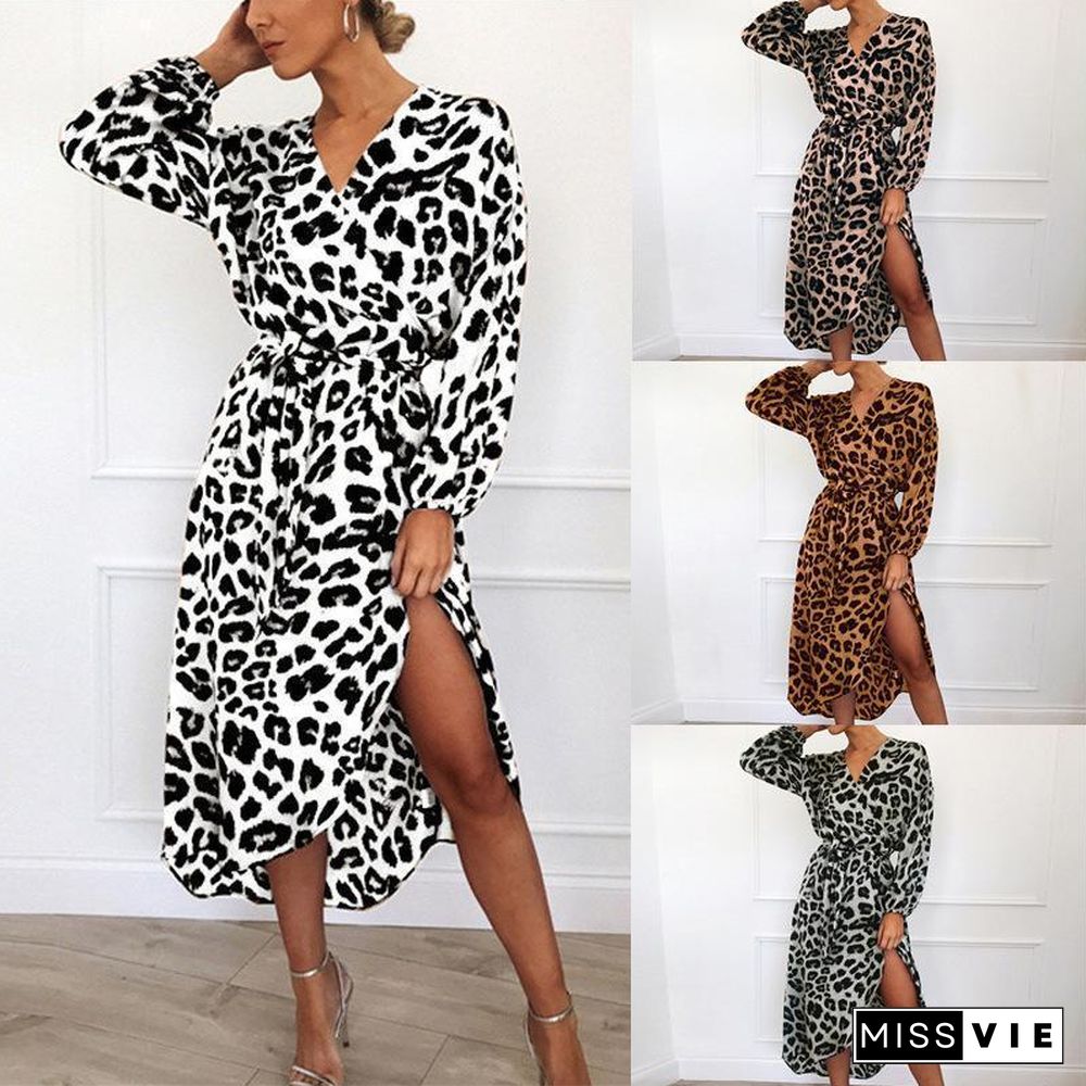 Women Vintage Leopard Print  Long Sleeve V Neck Bandage Dress