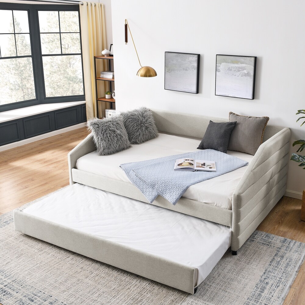 Multi Functional Daybed Twin/ Full Size Linen Upholstered Tufted Sofa Bed Frame with Pull Out Trundle Bed Frame for Bedroom