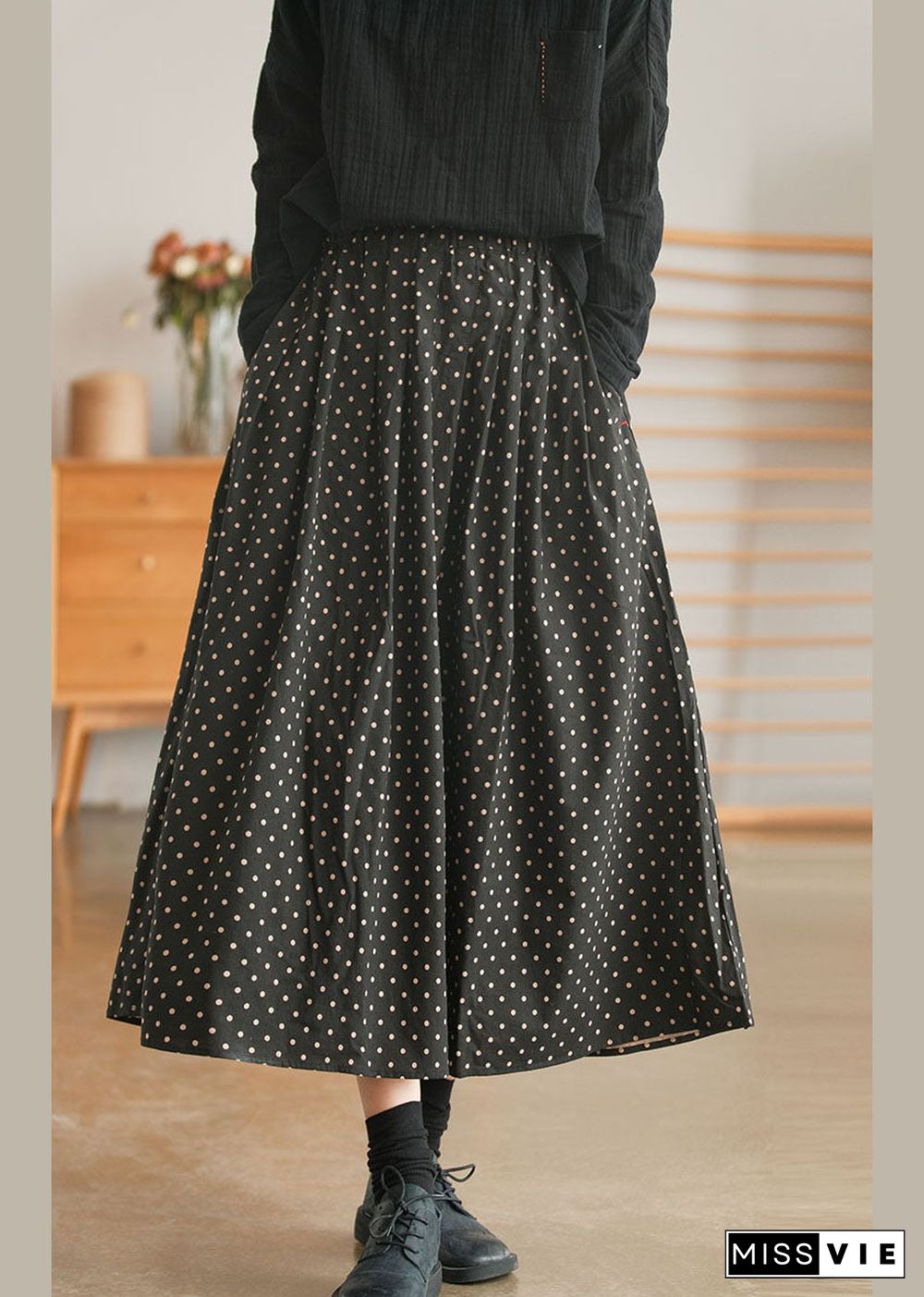 Retro Black elastic waist Pockets dot print Skirt Spring