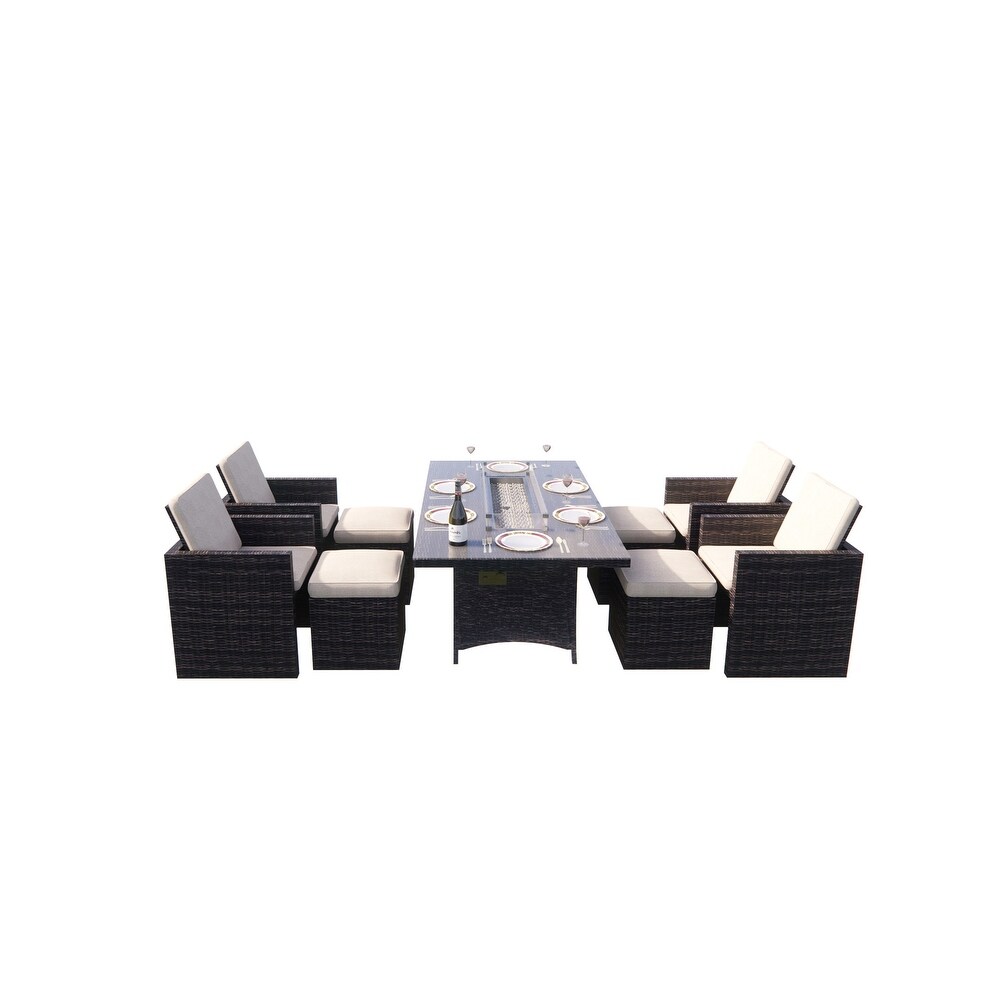 Gosata 9 Piece Outdoor Rectangle Gas Fire Table Patio Wicker Dining Set