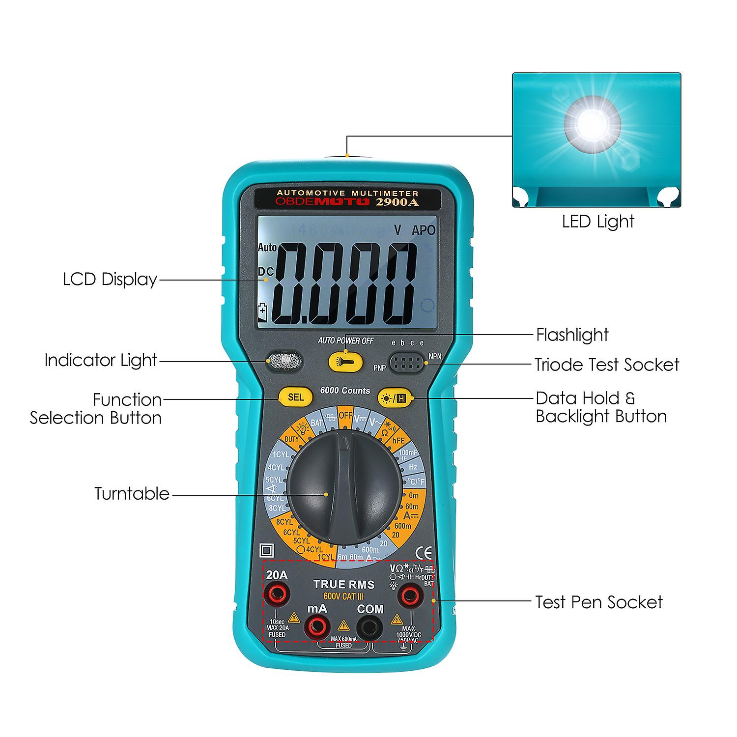 6000 Count Lcd Digital Automotive Multimeter True Rms Universal Tester With Flashlight No.255979