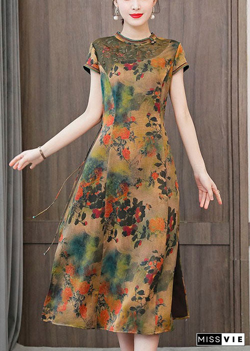 Green Print Silk Cheongsam Dresses Embroideried Slim Fit Summer