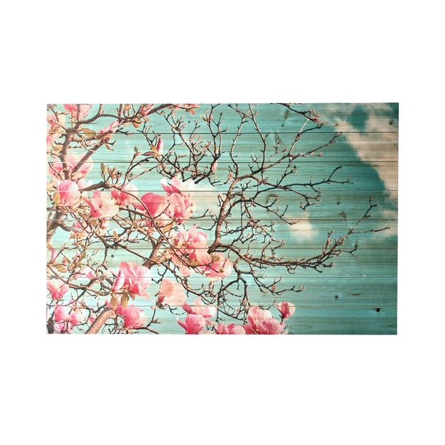 X 36 quot Magnolia Blossom Print On Planked Wood Wall Sign Panel Light Blue pink Gallery 57