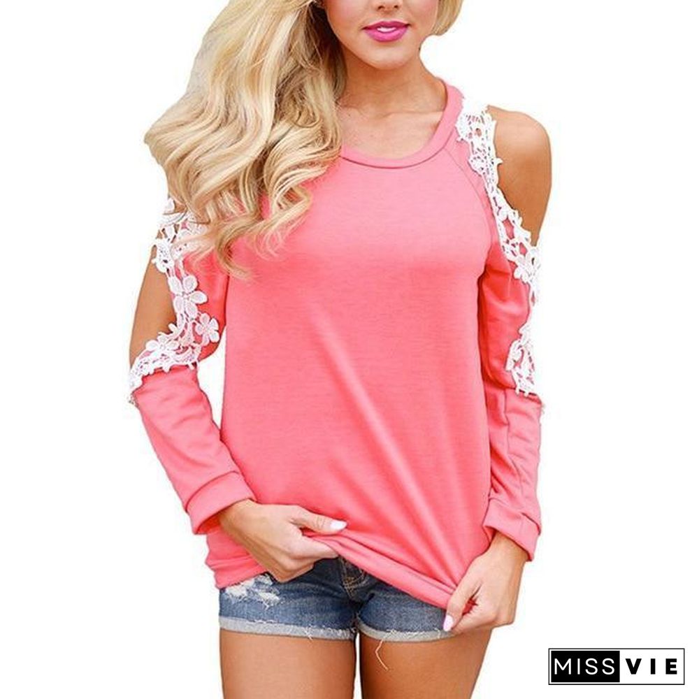 Women Cold Shoulder Long Sleeve Lace Blouse Causal Loose Solid Tops Tees