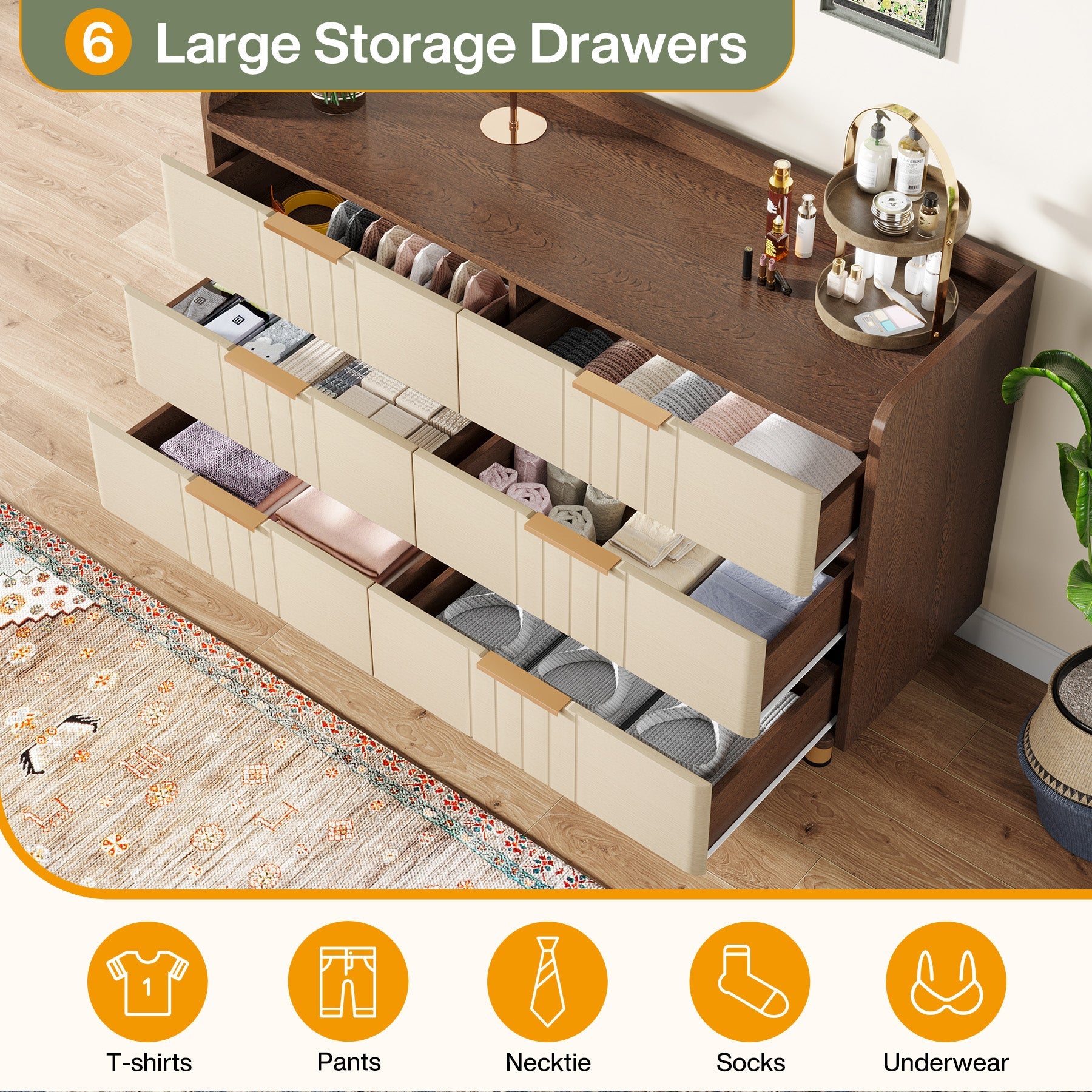 6-Drawer Chest Dresser, Wood Storage Dresser Cabinet with Metal Handles