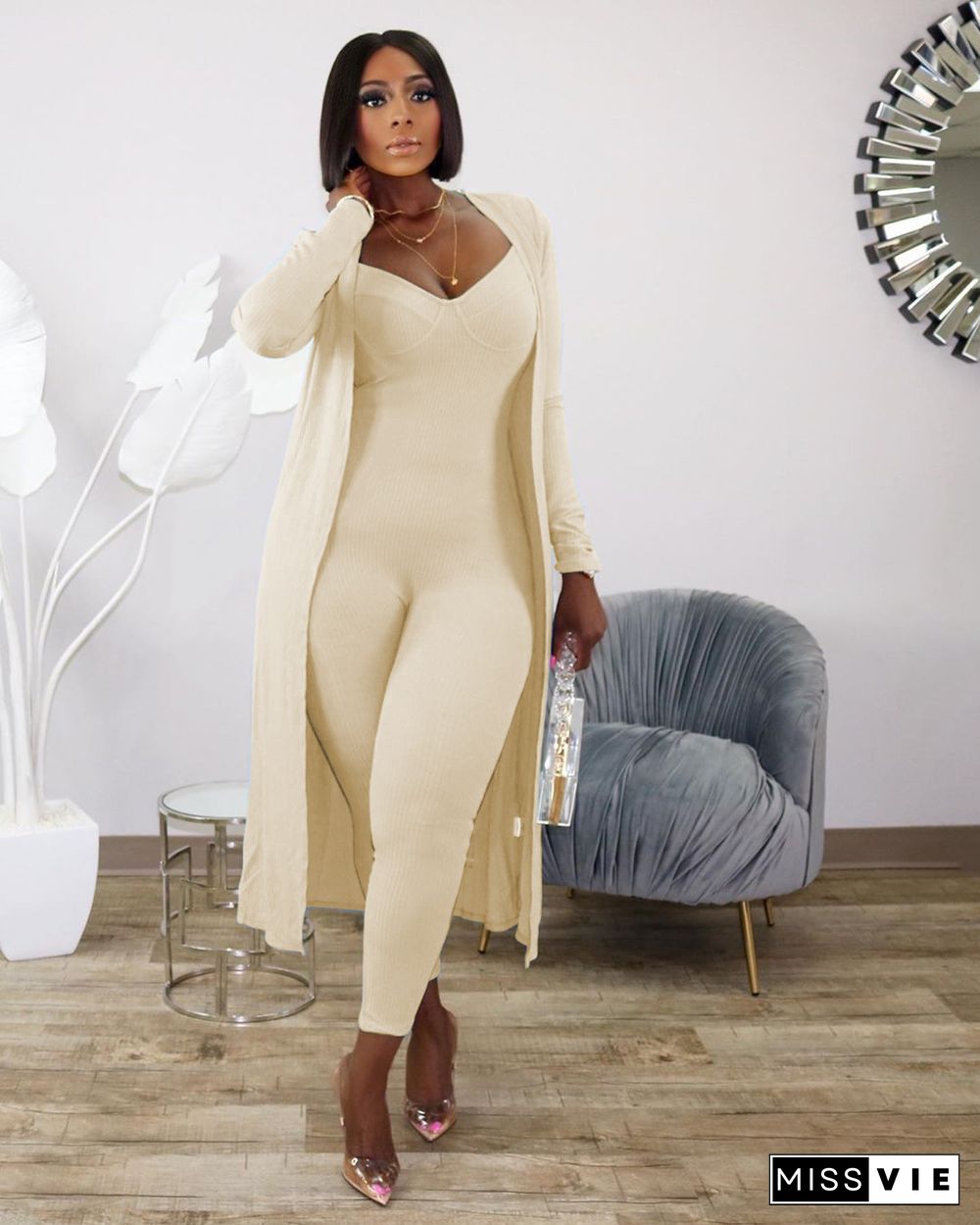 Women's Long Rib Coat+Slim Jumpsuit Two-piece Set