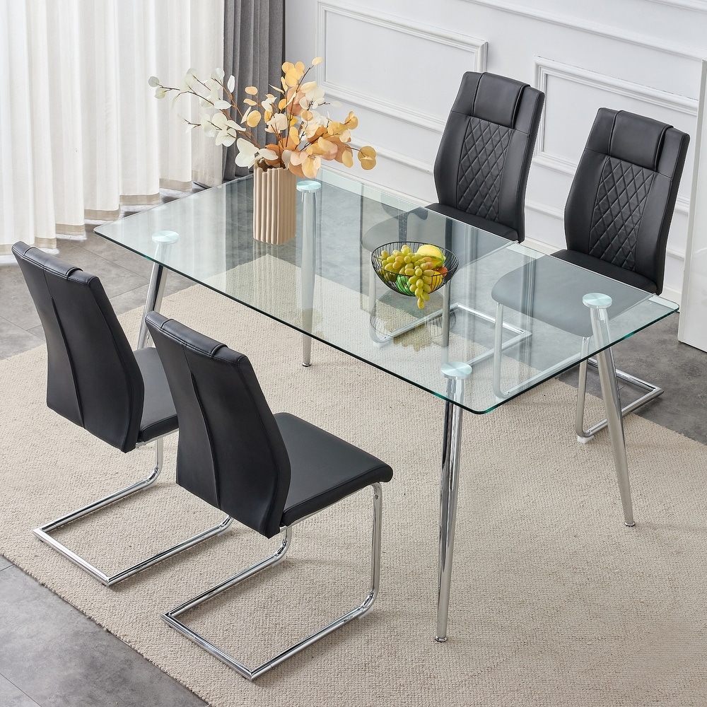 5 PCS Dining Table Set Table and Chair Set w 1 Table and 8 Chairs Glass Table Top Metal Table Legs