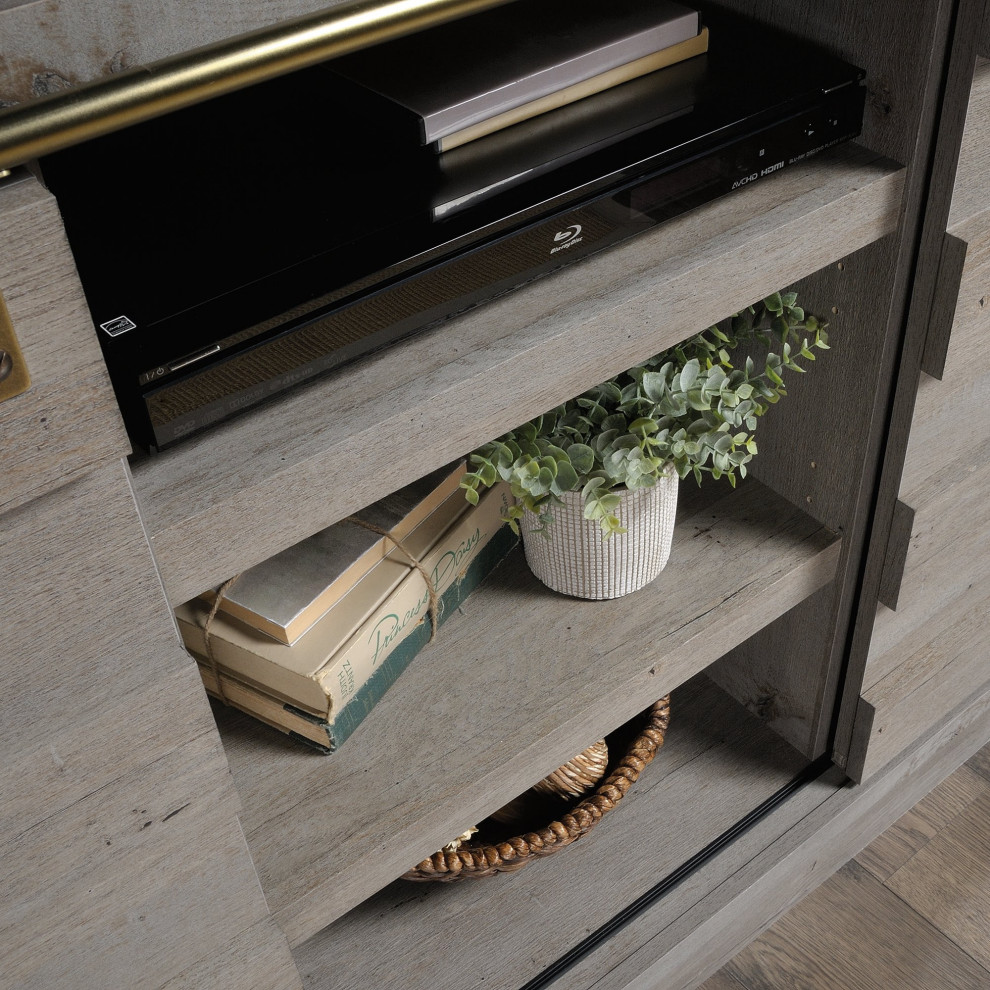 Rustic TV Stand  Channel Accented Sliding Doors With Gold Track  Mystic Oak   Rustic   Entertainment Centers And Tv Stands   by Declusia  Houzz