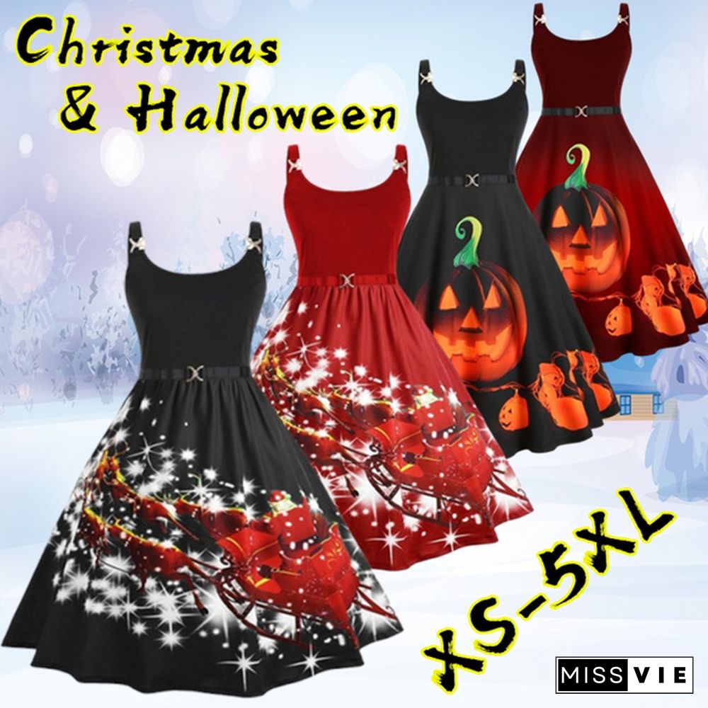 Plus Size Fashion Women Pumpkin Elk Santa Print Dress Autumn and Winter Halloween Christmas Costume Sleeveless Dresses Casual Swing Party Dress