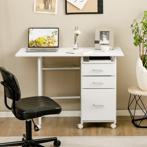 Tangkula Folding Computer Laptop Desk Wheeled Home Office Furniture W 3 Drawers White