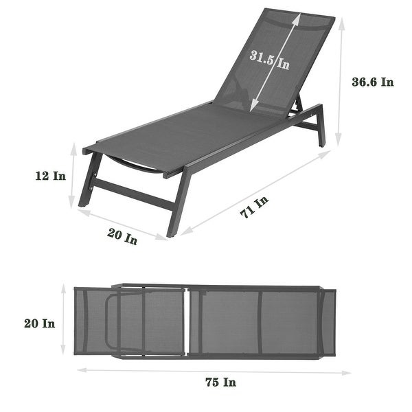 2-Pcs Multi Stripes Pattern 5-Angle Adjustable Recliner 75''L Outdoor Chaise Lounge Chair with Removable CushionandMobile Wheel