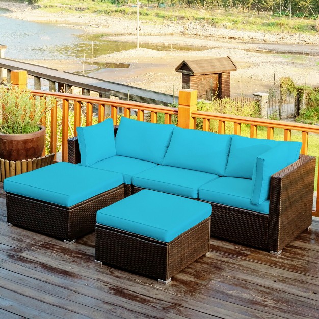 Costway 5pcs Patio Rattan Sectional Conversation Set Ottoman Turquoise