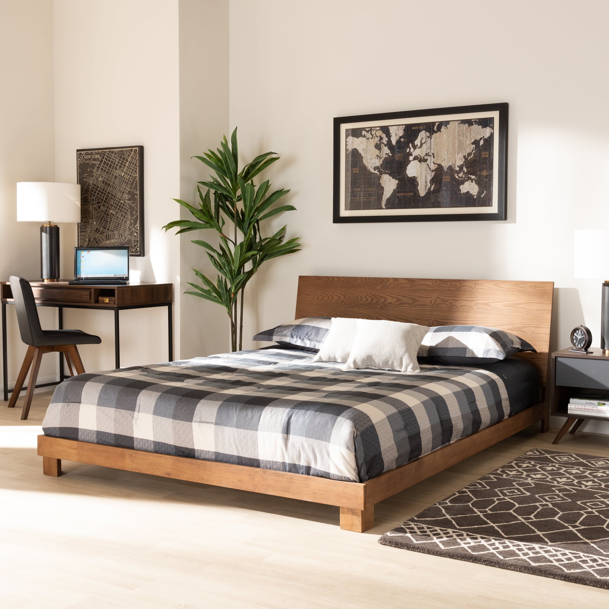 Baxton Studio Haines Contemporary/Modern Engineered Wood Back Support Platform Bed, Queen, Walnut Brown