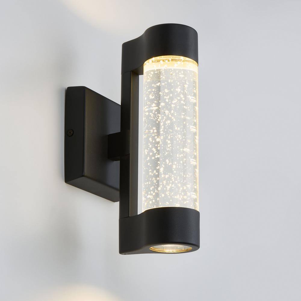 Home Decorators Collection Ansel Black Modern Bubble Glass Integrated LED Outdoor Hardwired Garage and Porch Light Cylinder Sconce AMP105-HDCBL