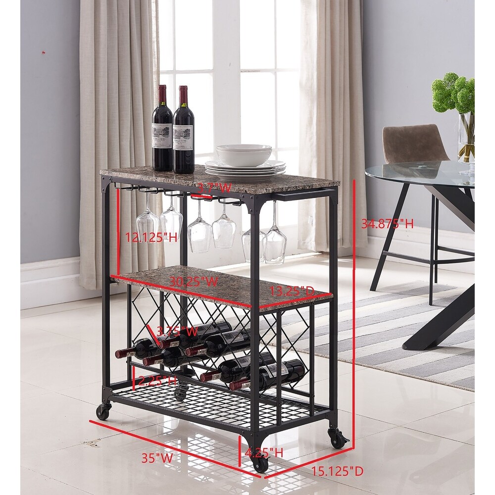 Kitchen Serving Cart Bar Buffet with Wine Rack   Glass Holder