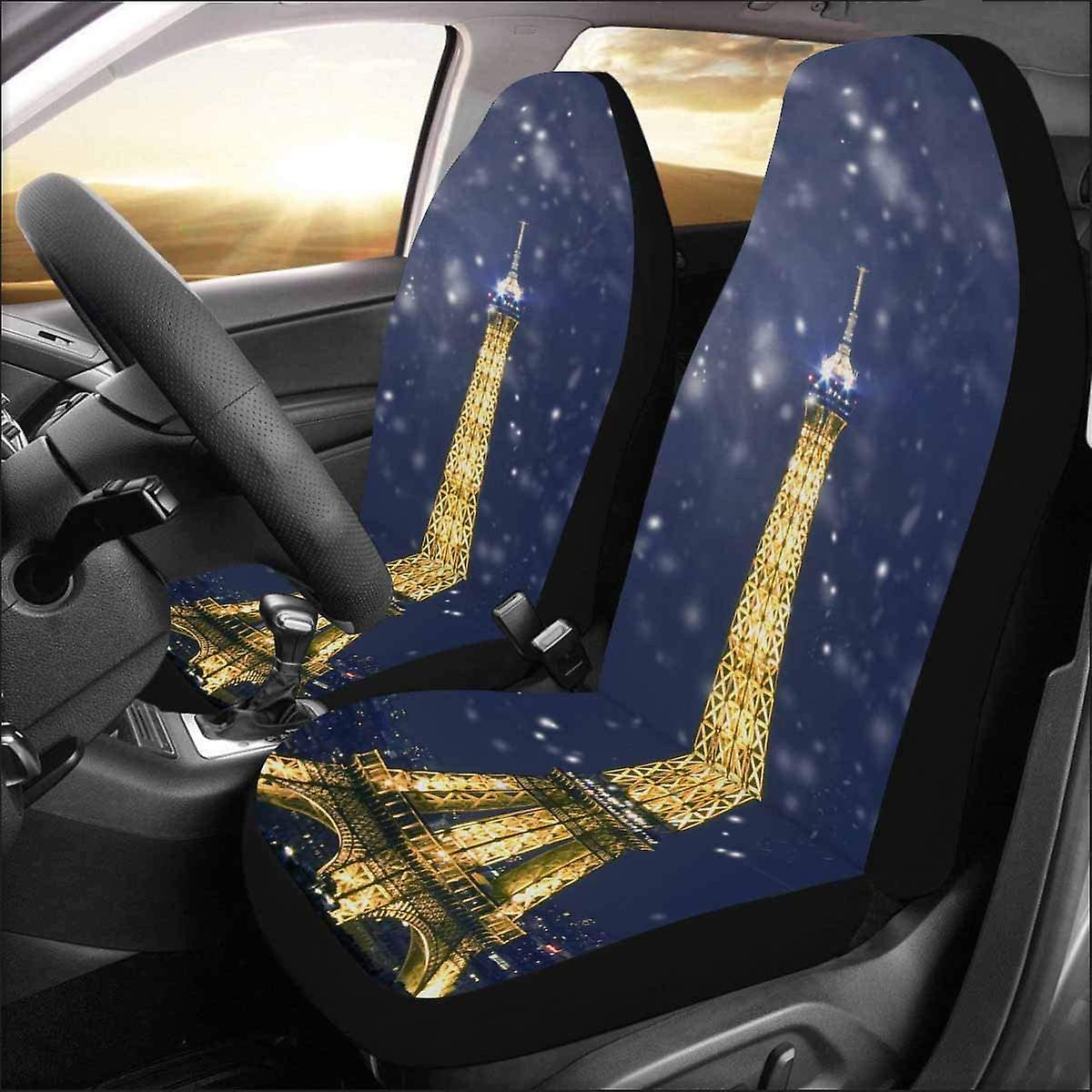 Set Of 2 Car Seat Covers Eiffel Tower Snowflakes Celebration Christmas Paris France Universal Auto Front Seats Protector Fits