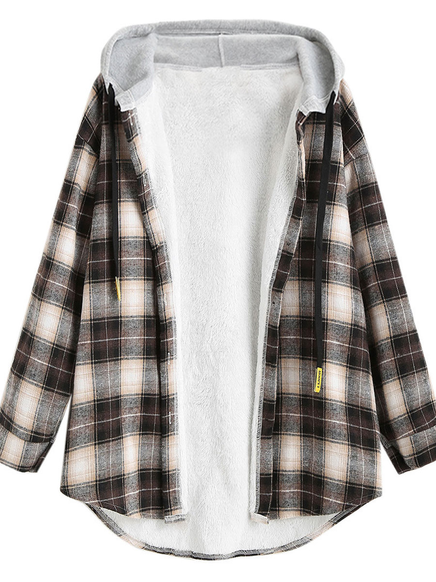 Casual Loose Check Panel Lambsool Hooded Blouse