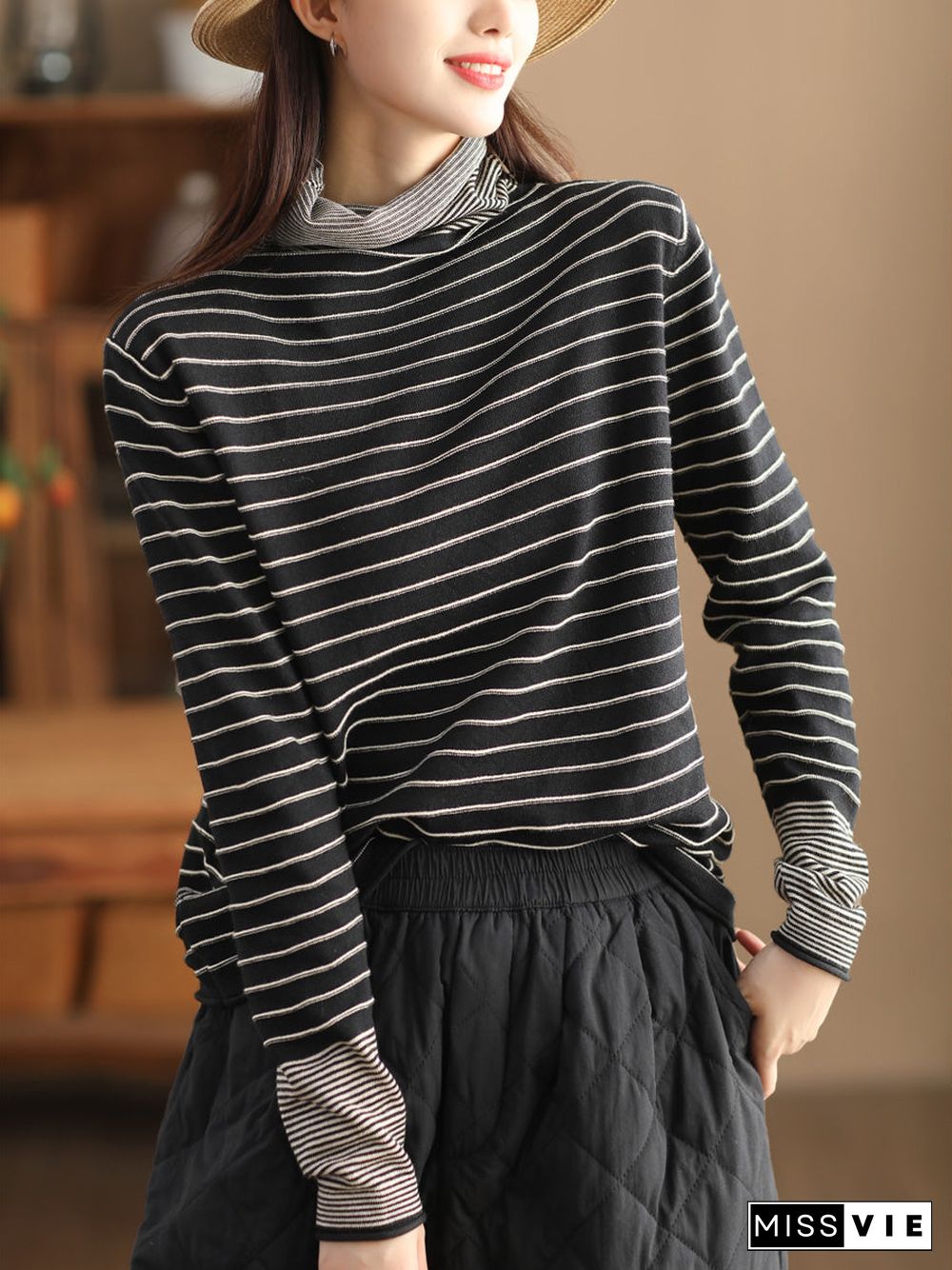 Women Casual Stripe Spliced Turtleneck Warm Sweatshirt