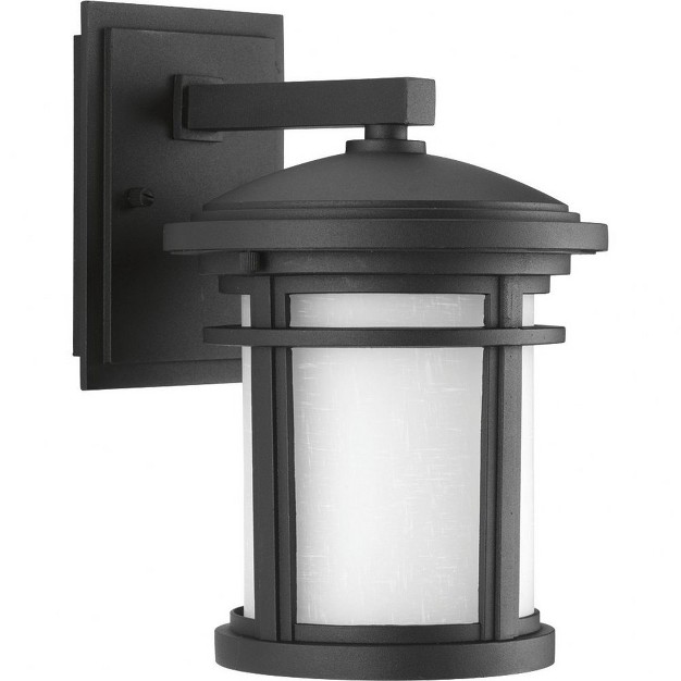 Progress Lighting Wish 1 light Outdoor Wall Lantern In Black Porcelain With Etched Umber Linen Glass Shade