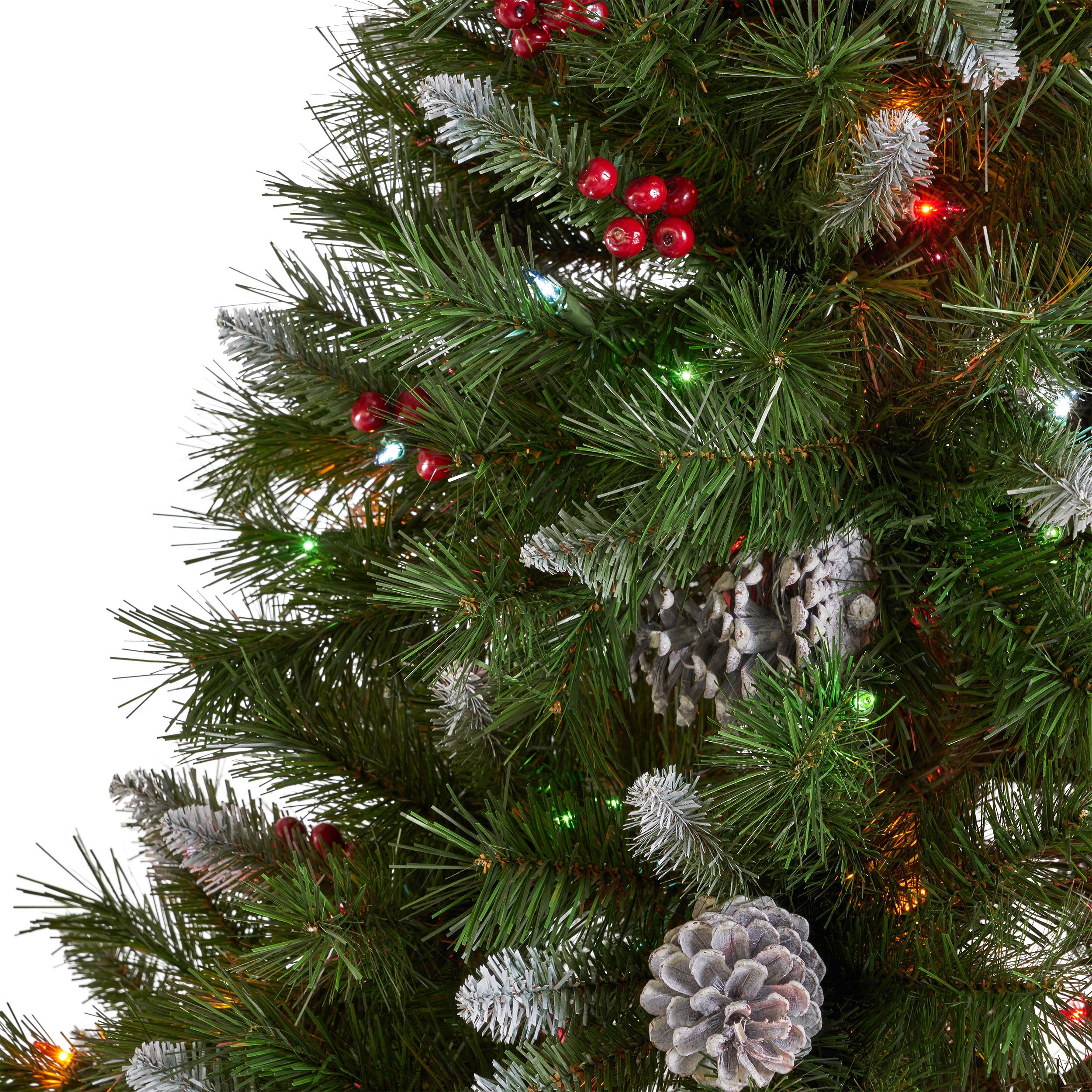 7-foot Mixed Spruce Hinged Artificial Christmas Tree with Frosted Branches, Red Berries, and Frosted Pinecones