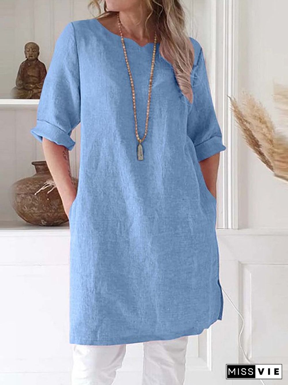 Women's Solid Cotton Linen Round Neck Seven Sleeve A-line Skirt