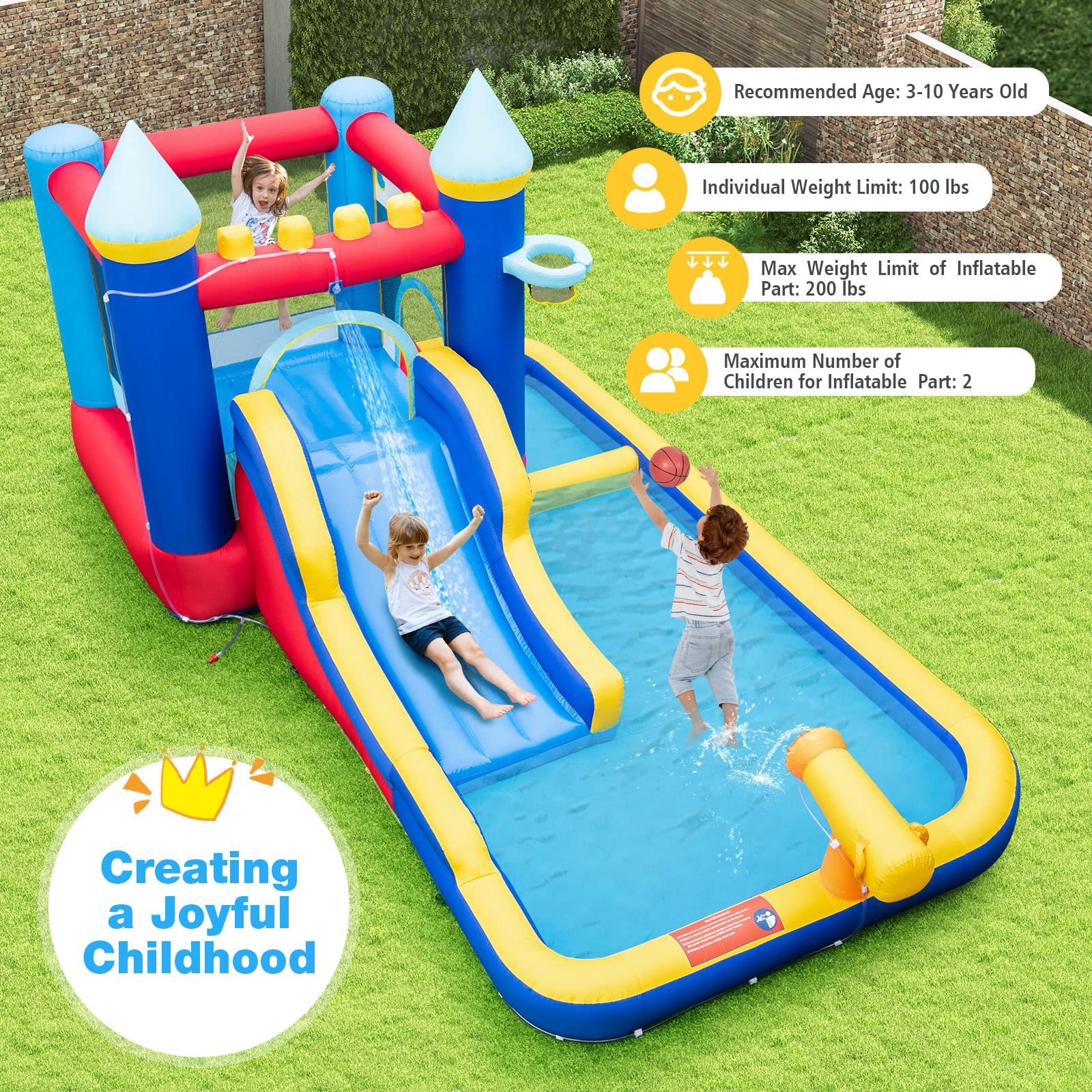 BOUNTECH Inflatable Water Slide, Water Bounce House with Ball Pit & Waterslide for Kids