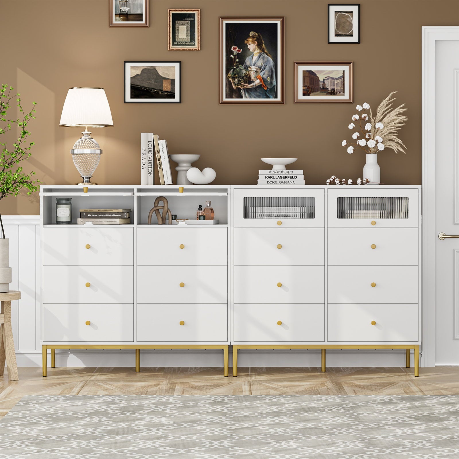 Homfa Double Dresser with 6 Drawers, Storage Cabinet with 2 Glass Doors, White