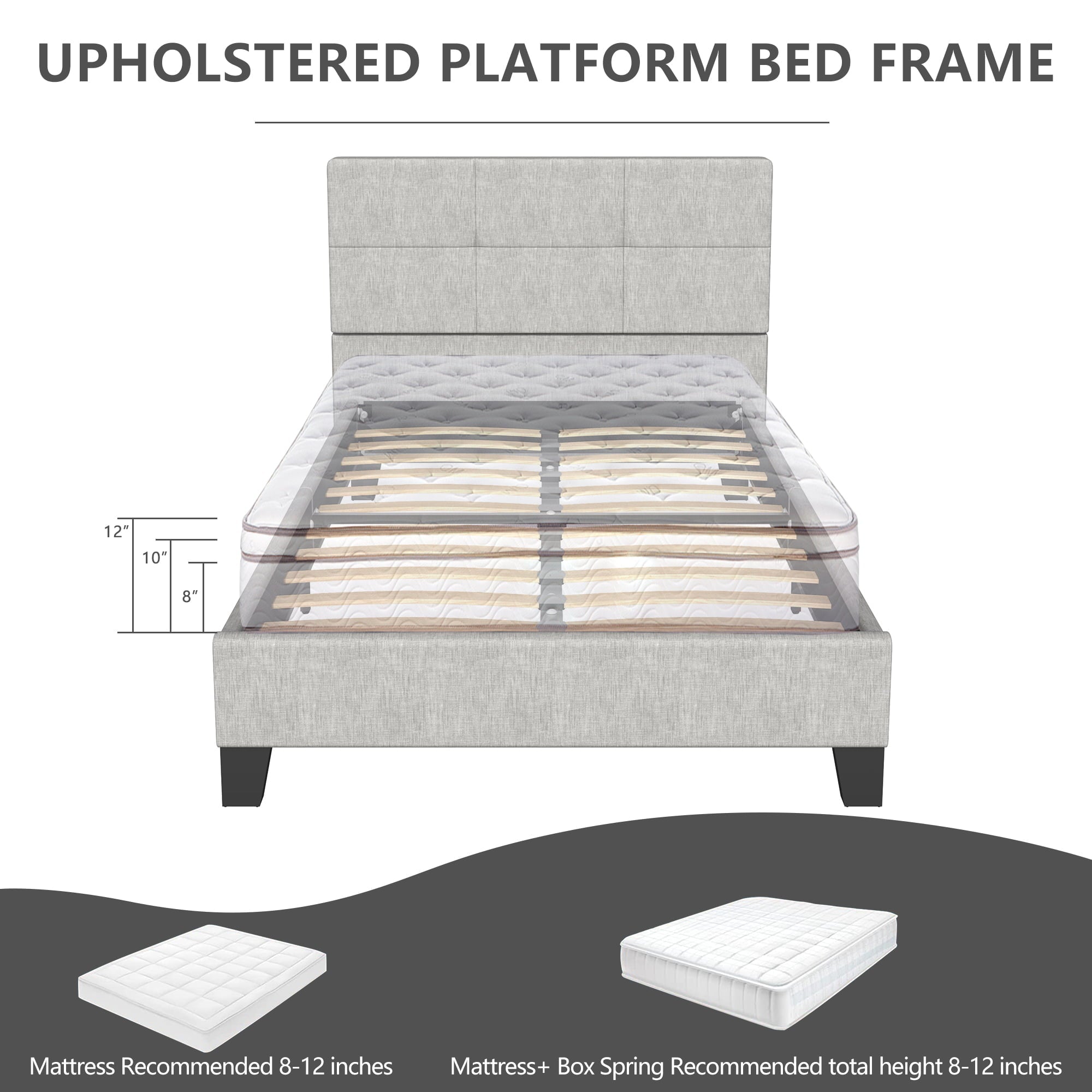 uhomepro Upholstered Tufted Fabric Platform Twin Bed Frame with Upholstered Headboard, No Box Spring Needed, Gray