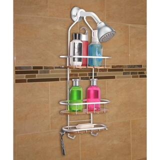 Utopia Alley Tia Over-the-Showerhead Caddy in Rustproof Satin Chrome Finish with 3 Teak Shelves SHC6TK