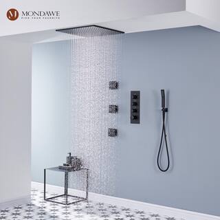 Mondawe Luxury Thermostatic 3-Spray Patterns 20 in. Flush Ceiling Mount Rain Dual Shower Heads with 3-Jet in Black WF-6368-20-B