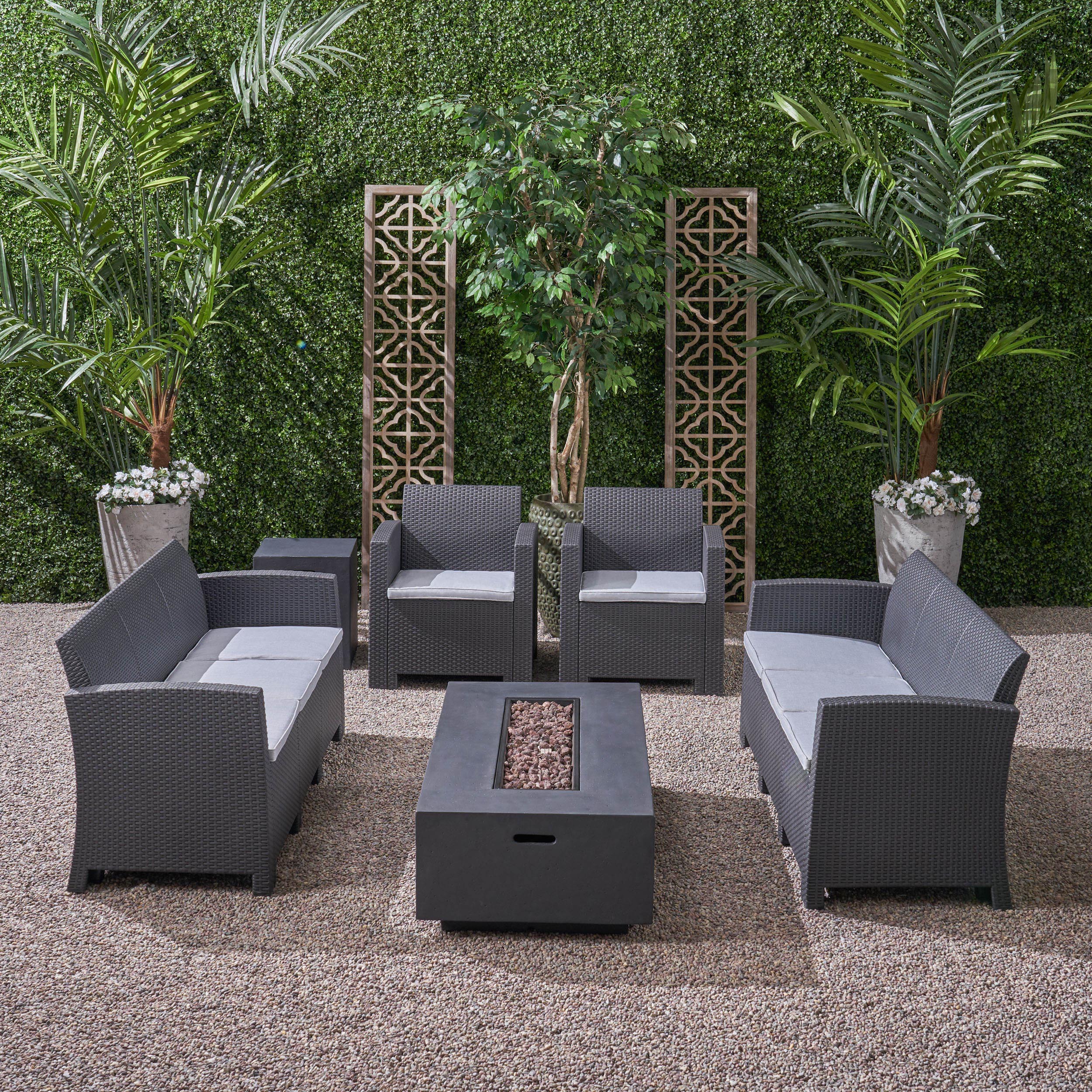 Morena Outdoor 8-Seater Wicker Print Chat Set with Fire Pit and Tank Holder