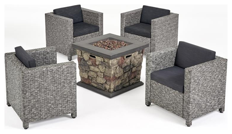 Noble House Wentz Outdoor 4 Club Chair Chat Set with Fire Pit Mix Black   Tropical   Outdoor Lounge Sets   by Homesquare  Houzz