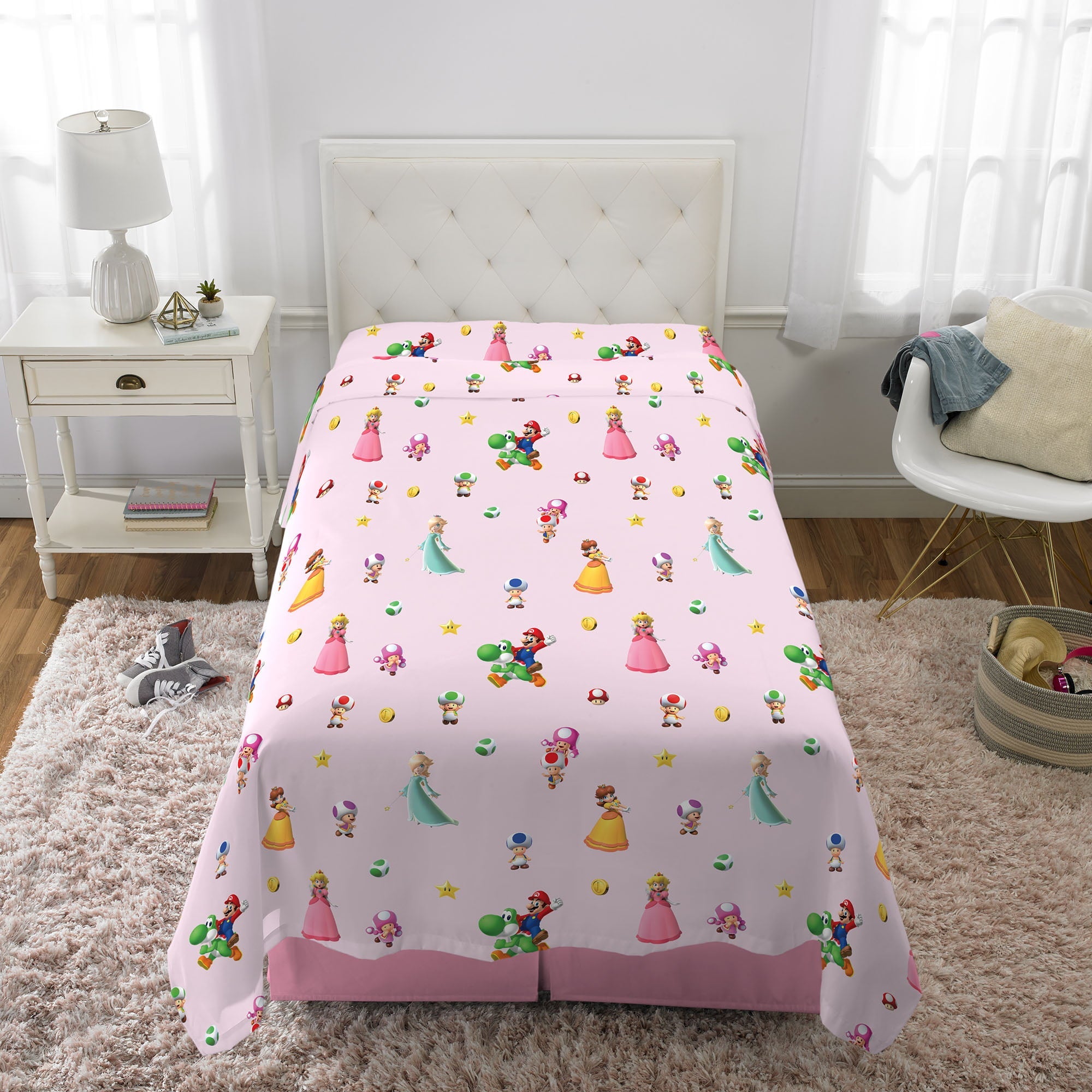 Super Mario Girl Kids Twin Bed in a Bag, Gaming Bedding, Comforter and Sheets, Pink, 