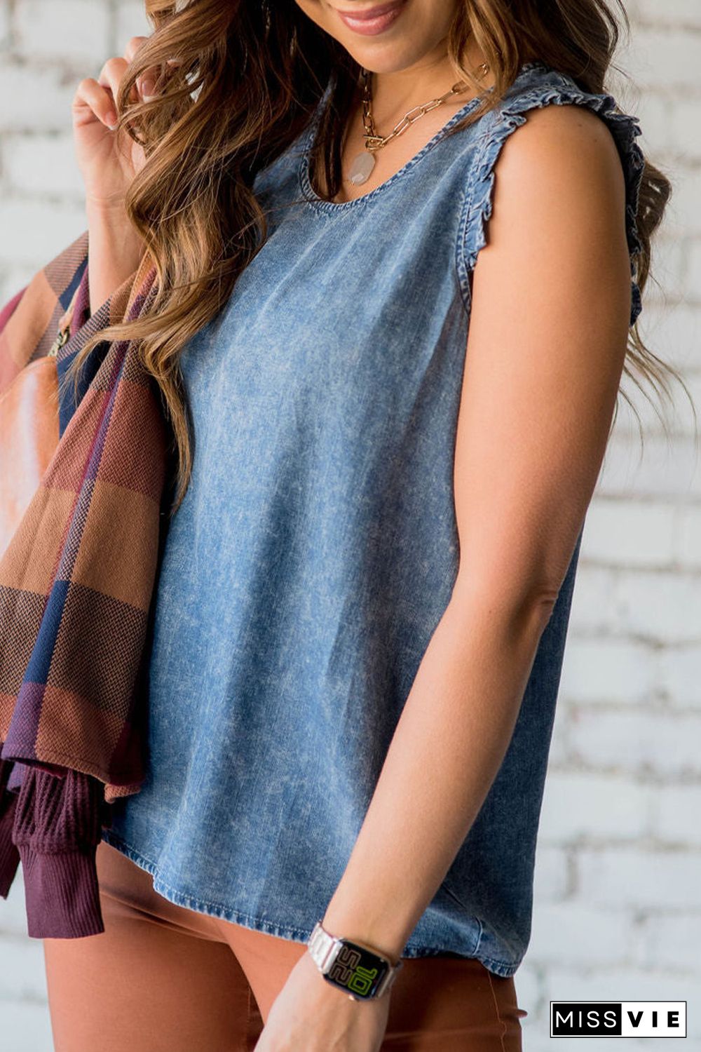 Sky Blue Ruffled Denim Tank Top