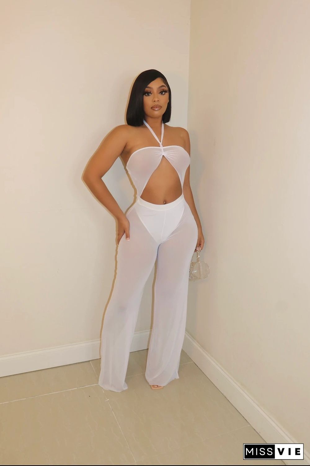 Sheer Mesh Hollow Out Halter Wide Leg Jumpsuit