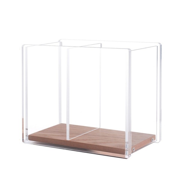 Zodaca Divided Clear Acrylic Wood Base Pen Holder