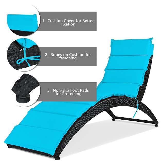 Costway 2pcs Folding Patio Rattan Lounge Chair Chaise Cushioned Portable Lawn Turquoise