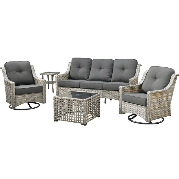 HOOOWOOO 5piece Patio Wicker Furniture Conversation Set with Swivel Chair and Coffee Table