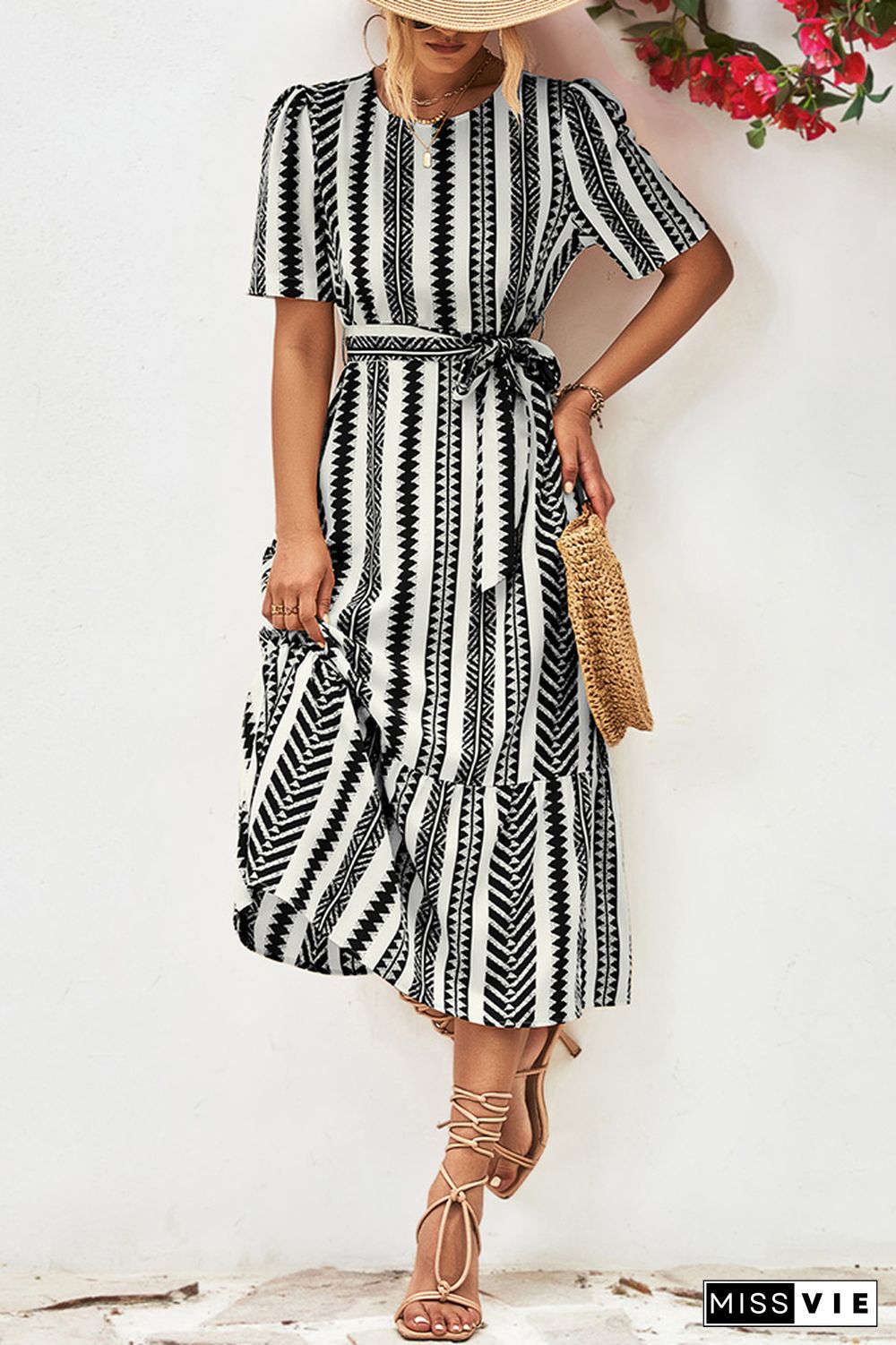 Geometric Striped Maxi Dress With Sash